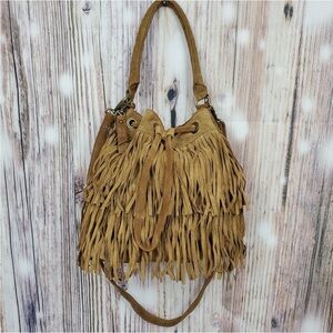 Frye & Co Double Fringe Phoebe Suede Bucket Bag. Tan suede. Excellent condition